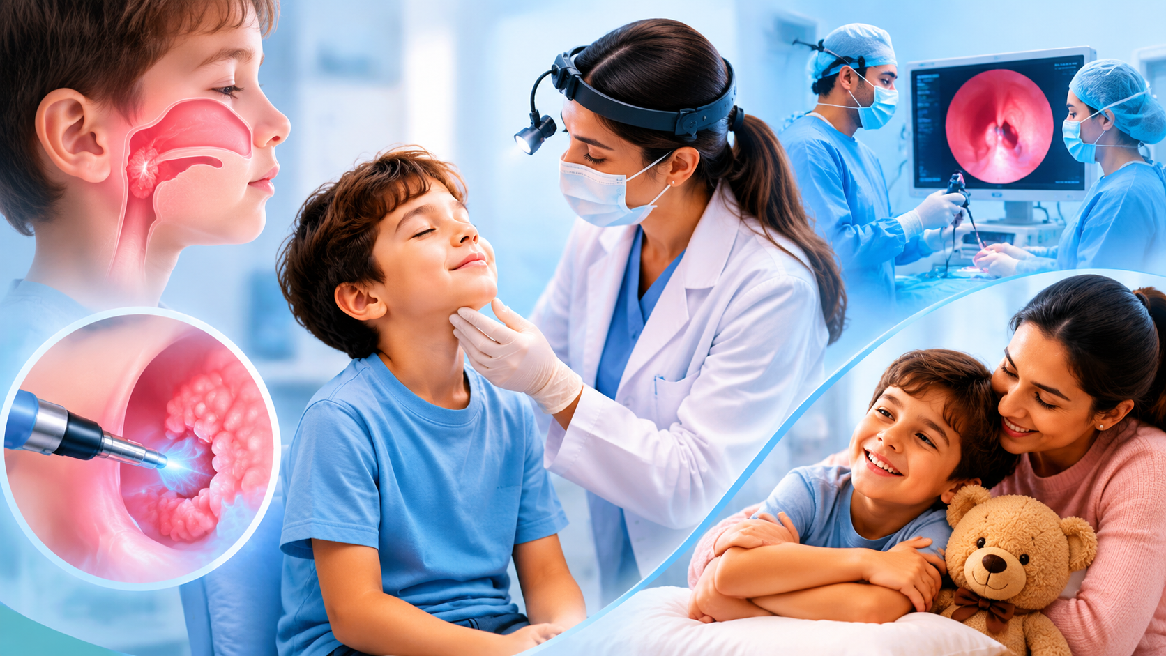 Visual representation of pediatric adenoid issues and treatment, including examination by ENT doctor, coblation surgery, endoscopic monitoring, and post-treatment well-being.