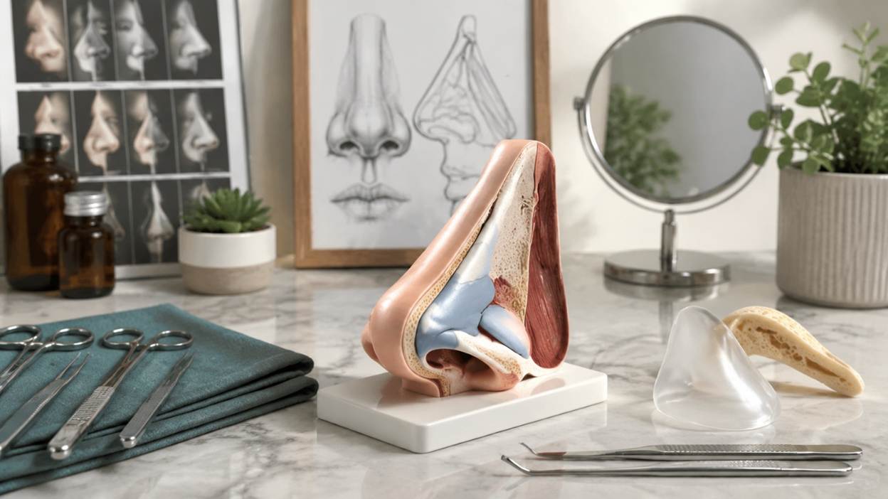 Anatomical nose model and rhinoplasty tools on a modern clinic desk