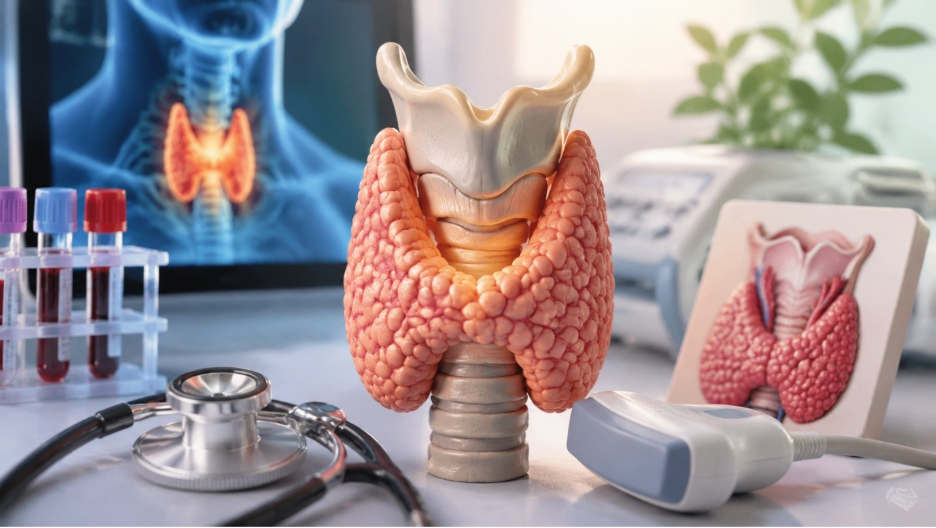 3D thyroid gland model with medical equipment for thyroid diagnosis