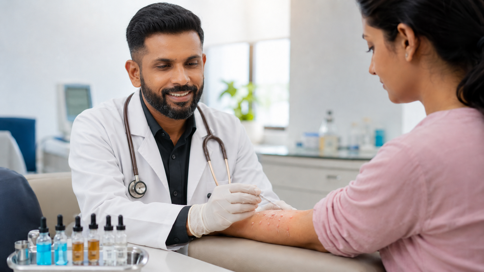 Doctor performing a skin prick allergy test on a patient