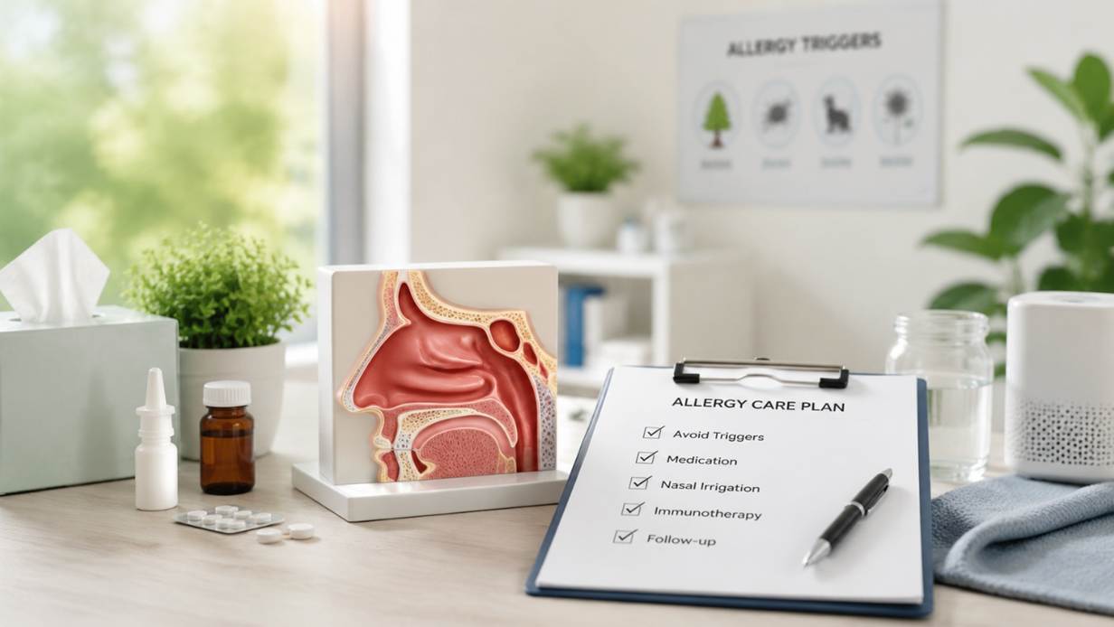 Allergy care plan with nasal anatomy model, medication, nasal spray, and trigger prevention checklist