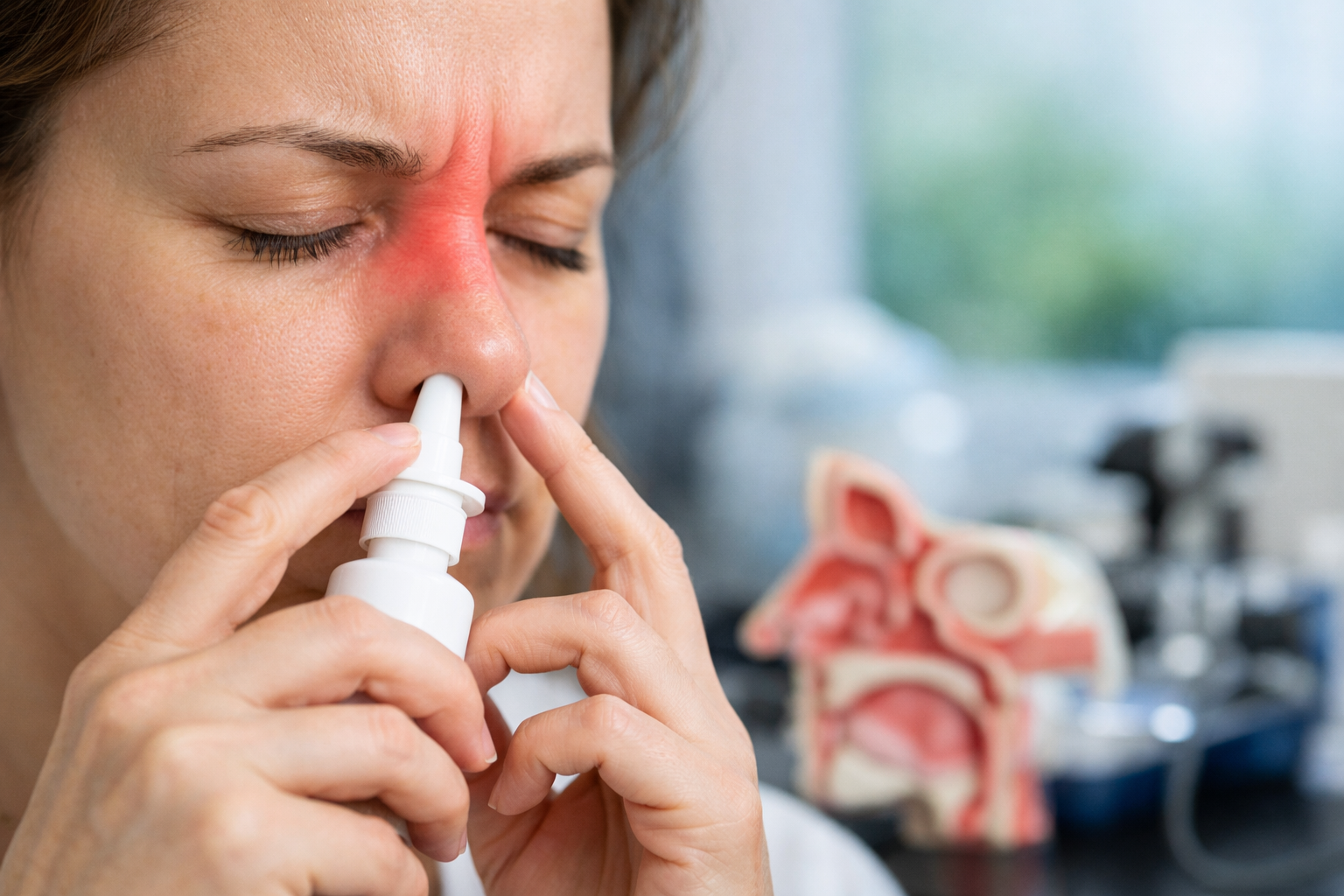 Patient using nasal spray for nasal blockage