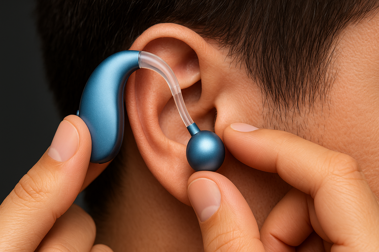Hearing aid insertion showing ear anatomy and modern assistive listening device.