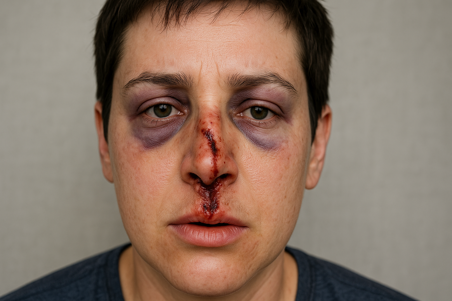 Facial trauma showing nasal bone fracture with visible swelling and bruising