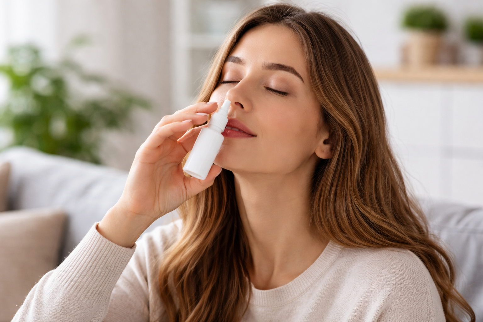 Woman using nasal spray for nasal disorder treatment