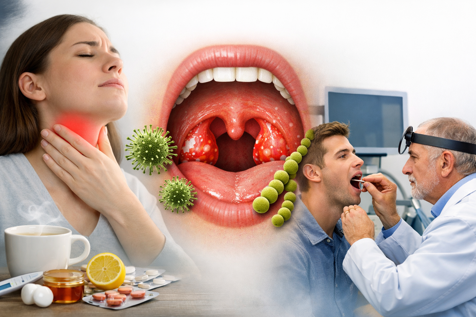 Sore throat symptoms and ENT examination