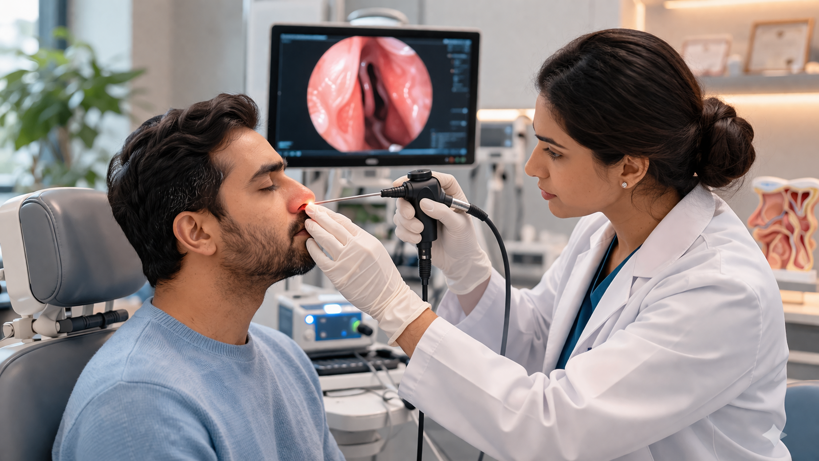 Doctor examining patient nose using endoscope for chronic nasal congestion treatment