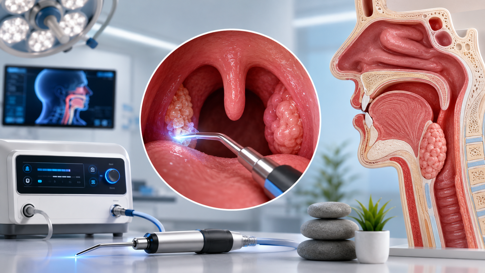 Coblation tonsillectomy surgery equipment and ENT throat treatment illustration