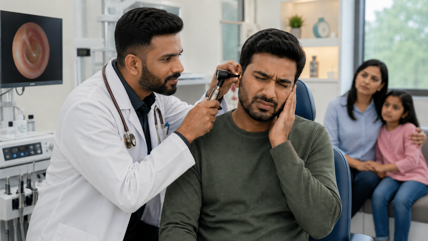 ENT doctor examining patient ear pain in clinic
