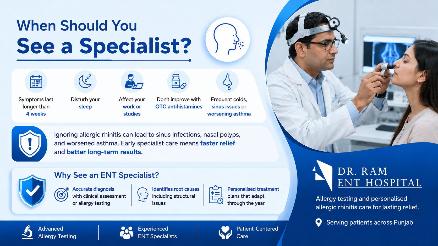 ENT specialist examining a patient for allergic rhinitis symptoms