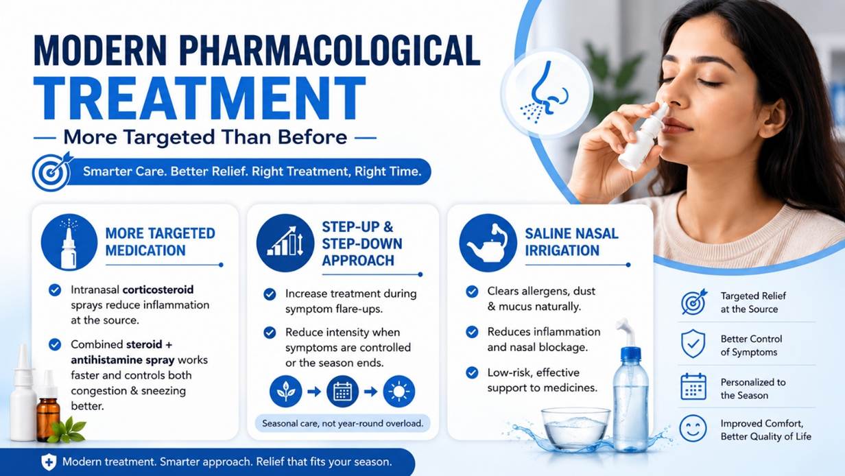 Modern pharmacological treatment for allergic rhinitis using targeted nasal medication and saline nasal irrigation